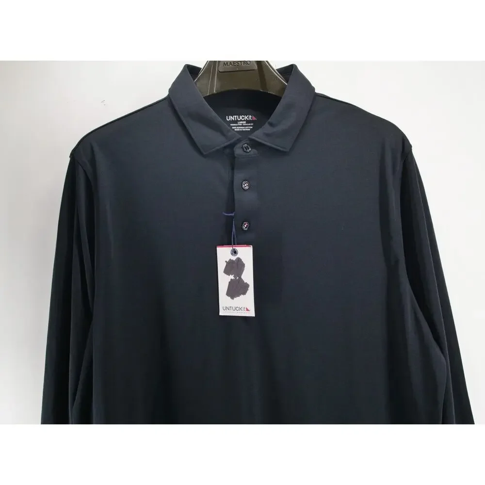 NWT UNTUCKit Ireton Damaschino Polo Mens Large Black Long Sleeve Ribbon Buttons